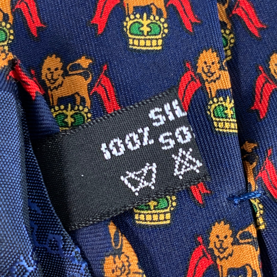 SALVATORE FERRAGAMO Navy Red Orange Lion Crest Silk Tie