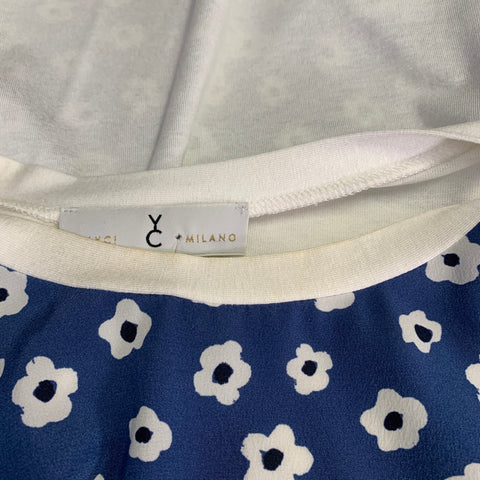 WHYCI MILANO Size 4 White Blue Viscose Blend Floral 3/4 Sleeves Casual Top