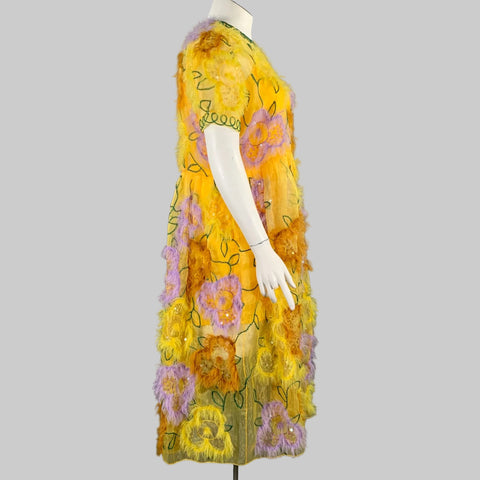 ASHISH Size L Yellow Lavender Floral Organza Ostrich Cocktail Dress