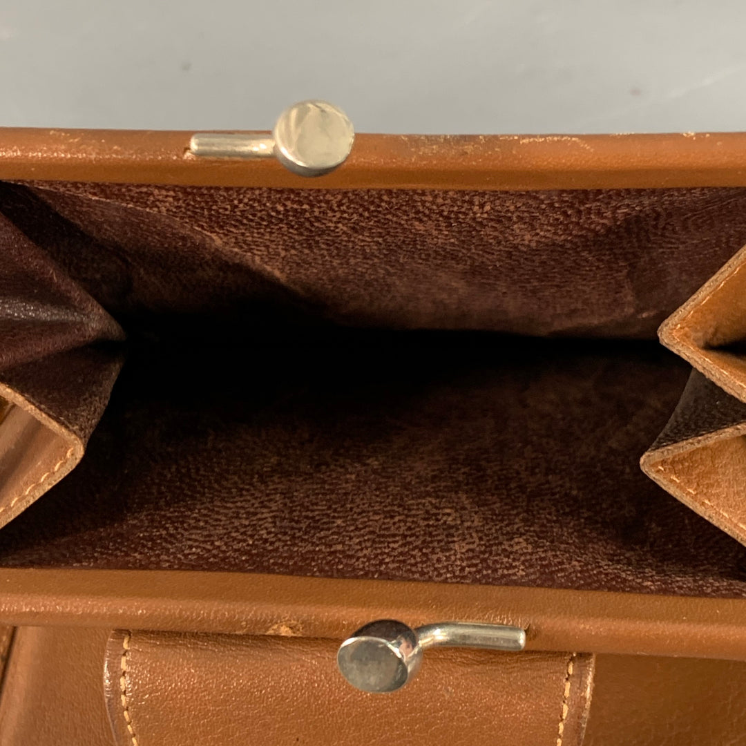 CELINE Vintage Brown Tan Logo Leather Kiss Lock Coin Purse Wallet