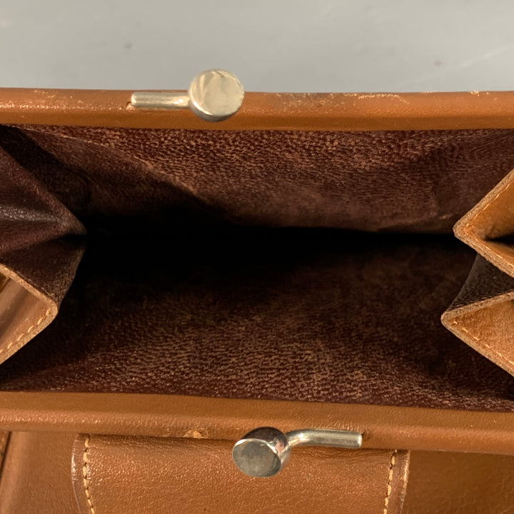 CELINE Vintage Brown Tan Logo Leather Kiss Lock Coin Purse Wallet