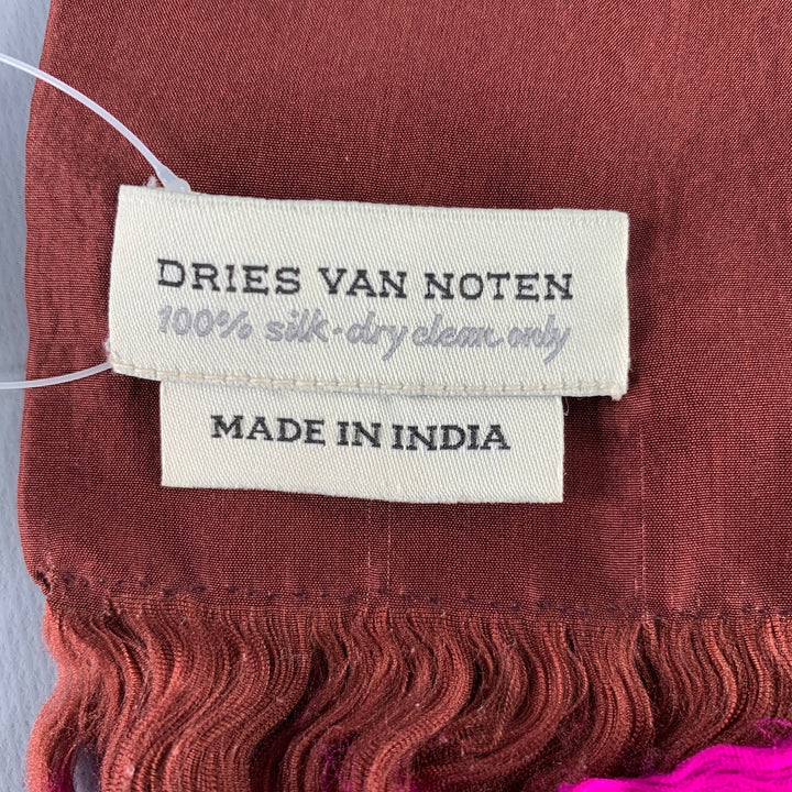 DRIES VAN NOTEN Brown Fuchsia Fringe Silk Scarf