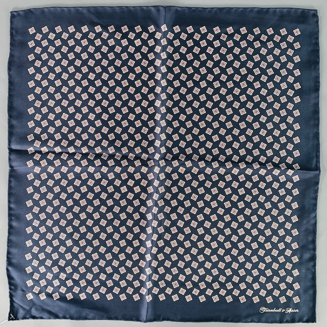 TURNBULL & ASSER Navy White Squares Silk Pocket Square