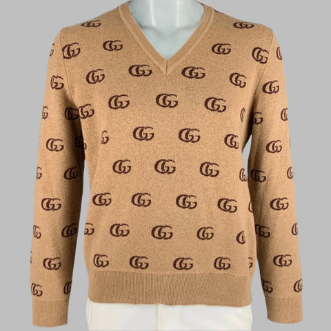 GUCCI Size XL Tan Brown GG Monogram Cashmere Wool V-Neck Sweater