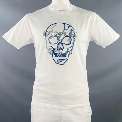 KOOPLES x SPORT Size L White Blue Embroidery Skull Short Sleeve Crew Neck T-shirt