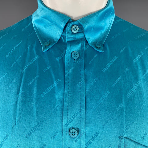BALENCIAGA Size M Blue Aqua Monogram Silk Button Down Long Sleeve Shirt