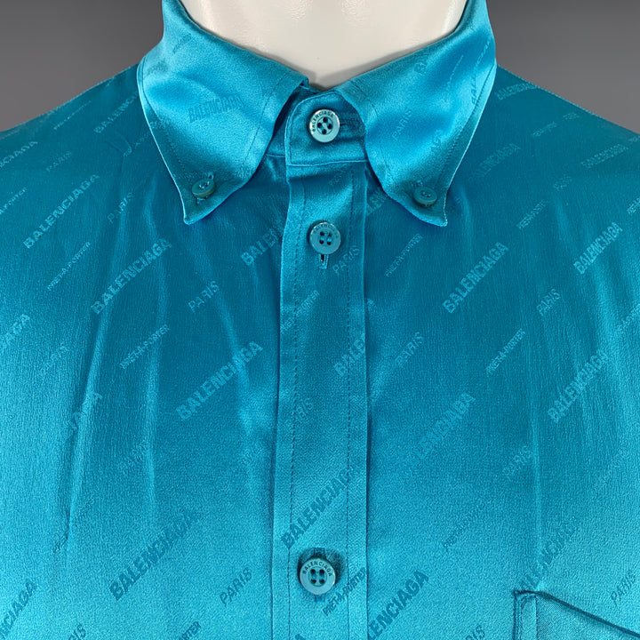 BALENCIAGA Size M Blue Aqua Monogram Silk Button Down Long Sleeve Shirt