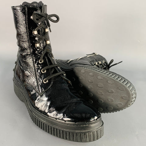 TOD'S Size 8.5 Black Patent Leather Lace-Up Side Zipper Boots