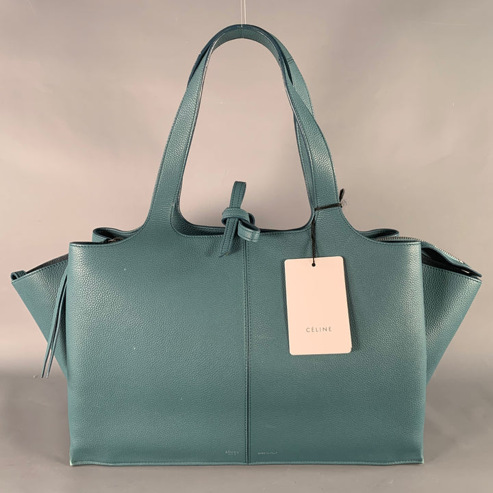 CELINE Blue Pebble Grain Leather Medium Trifold Tote Handbag