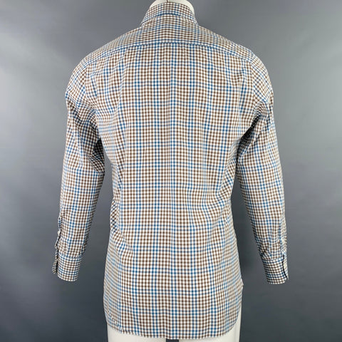ISAIA Size M Brown White Blue Checkered Cotton Spread Collar Long Sleeve Shirt