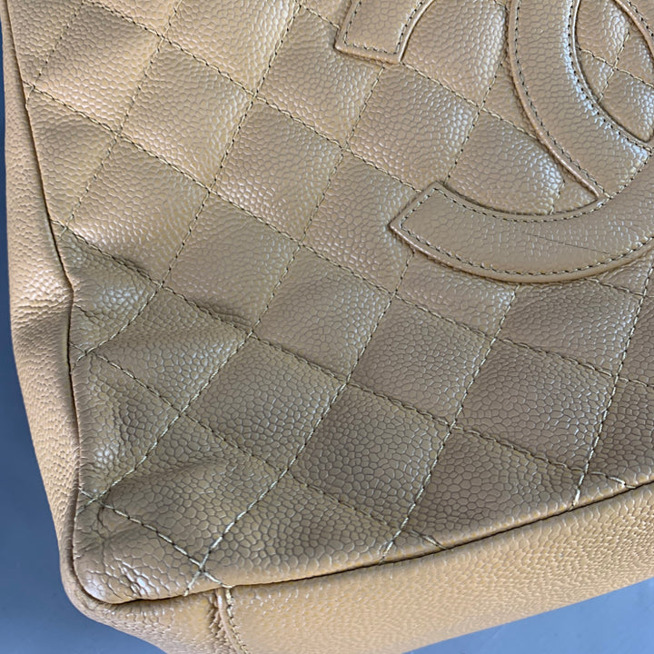 CHANEL Vintage GST Caviar Grand Shopping Tote Beige Gold Quilted Leather Handbag