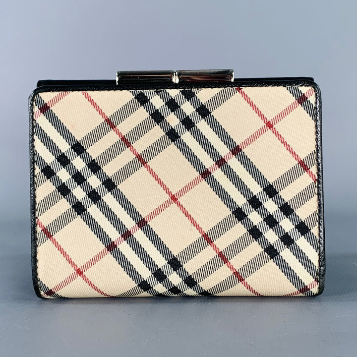 BURBERRY Beige Black Plaid Saffiano Leather Nylon Wallet