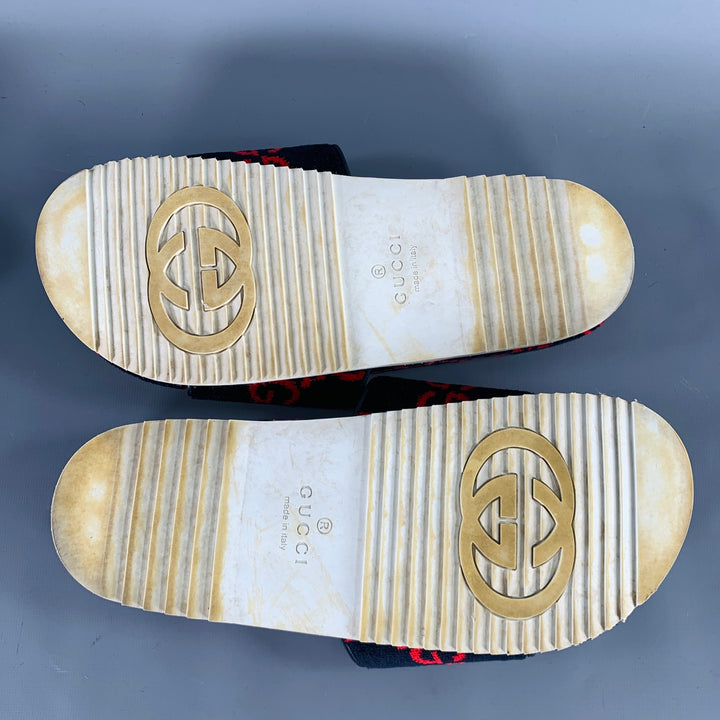 GUCCI Size 10.5 Black Red Guccissima Monogram Velvet Slip On Sandals