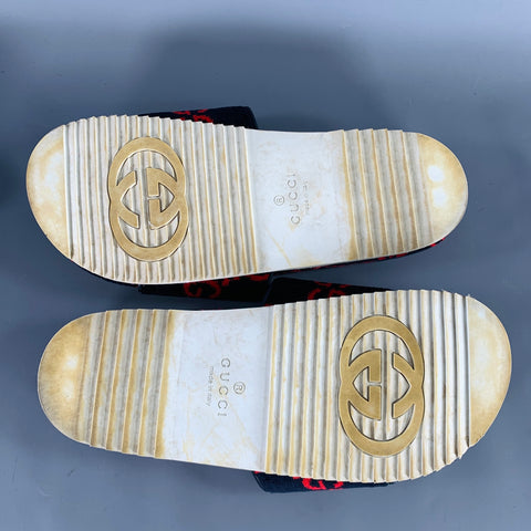 GUCCI Size 10.5 Black Red Guccissima Monogram Velvet Slip On Sandals