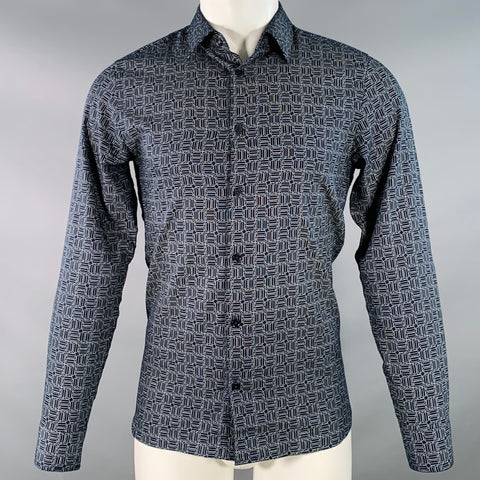 TED BAKER Size S Andover Navy White Geometric Cotton Blend Slim Fit Long Sleeve Shirt