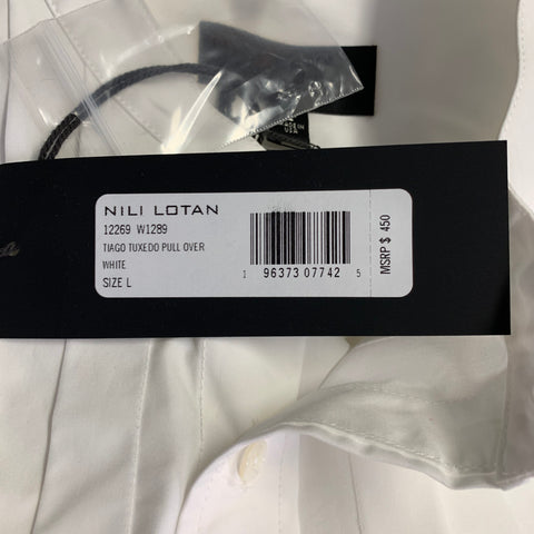 NILI LOTAN Size L White Cotton Pleated Collarless Tuxedo Long Sleeve Shirt