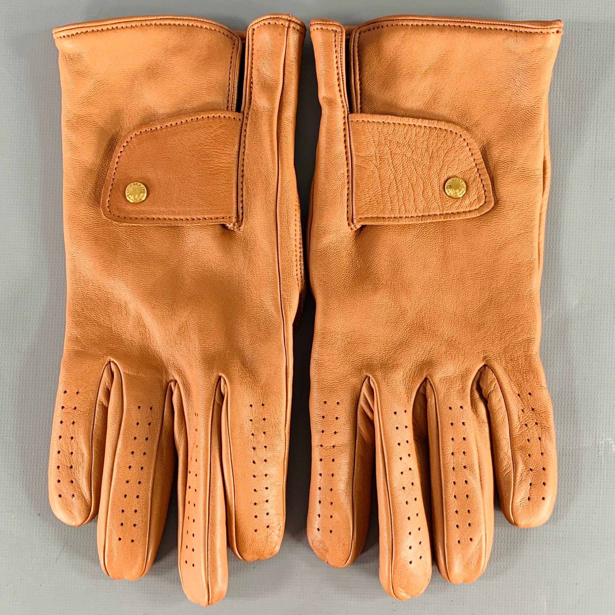 BURBERRY LONDON Size 8 Tan Perforated Leather Gloves Sui Generis Designer Consignment