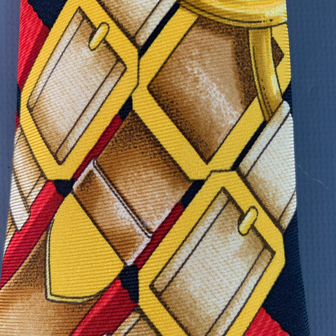 HERMES Black Red & Gold Equestrian Silk Tie