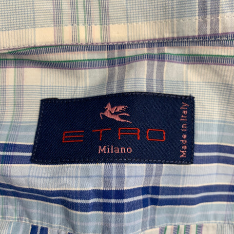 ETRO Size M Blue White Plaid Cotton Button Up Long Sleeve Shirt
