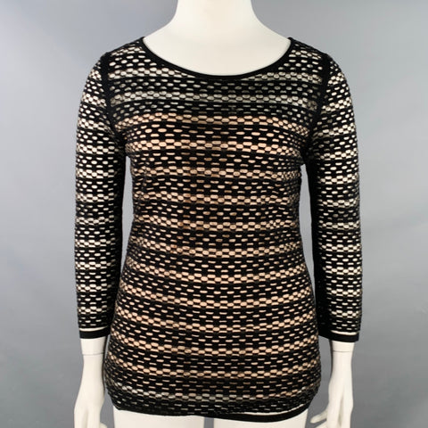 ESCADA Taille L Noir Nude Mélange Viscose Rayures Texturées Manches 3/4 Col Rond Top Décontracté