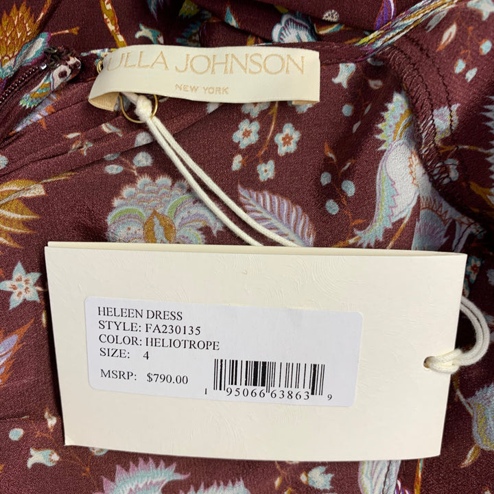 ULLA JOHNSON Size 4 Heleen Burgundy Multi Color Silk Floral Short Sleeve Dress