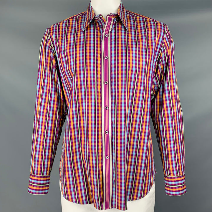 ROBERT GRAHAM Talla L Camisa de manga larga de algodón a cuadros violeta azul naranja