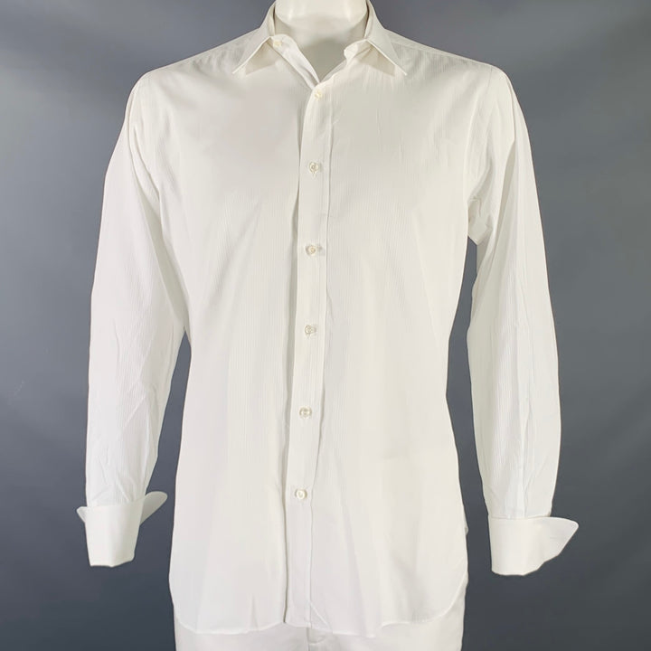 BRIONI Size L White Stripe Cotton Button Up Long Sleeve Shirt