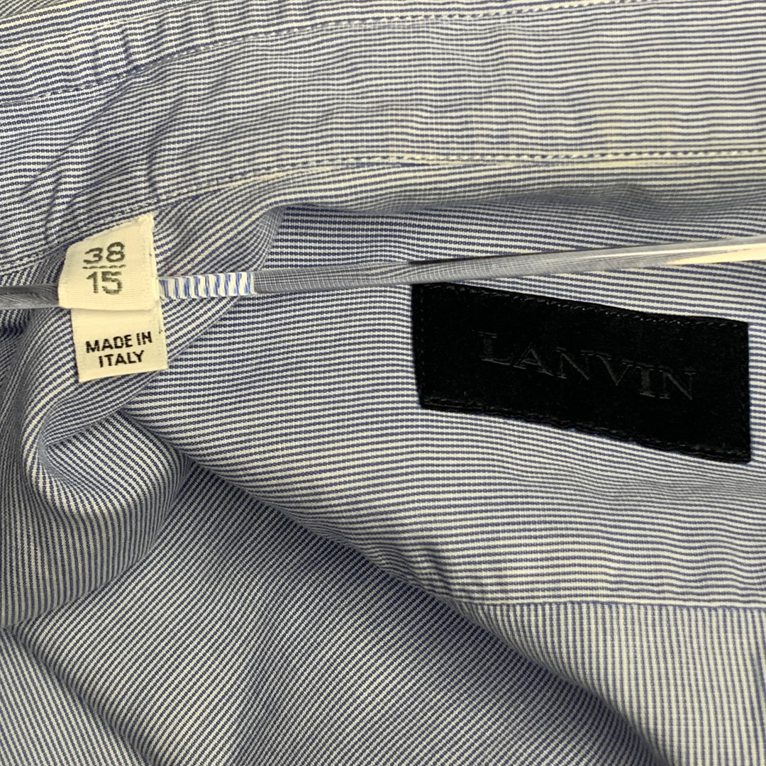 LANVIN Size S White Blue Navy Patchwork Stripe Cotton One Pocket Long Sleeve Shirt