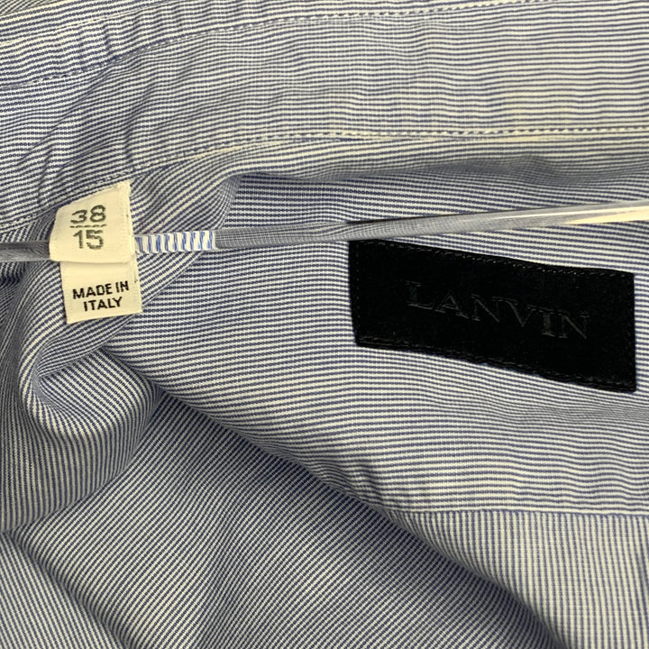 LANVIN Size S White Blue Navy Patchwork Stripe Cotton One Pocket Long Sleeve Shirt