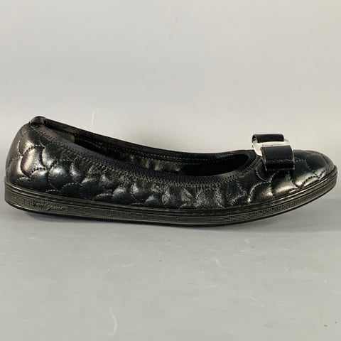 SALVATORE FERRAGAMO Size 7 Savina Black Quilted Leather Bow Flats