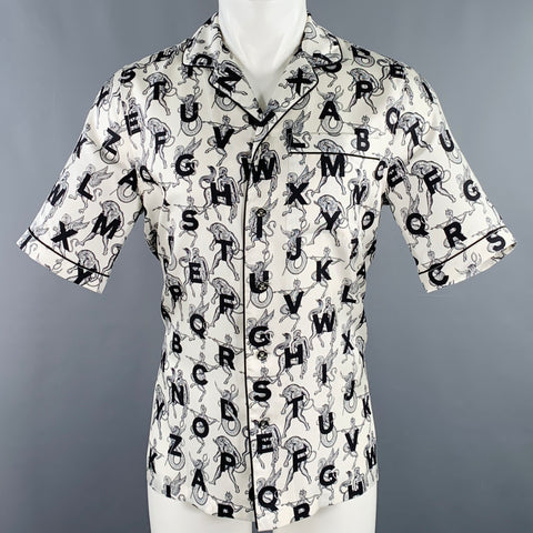 BURBERRY Size XS White Black Print Silk Camp Short Sleeve Shirt
