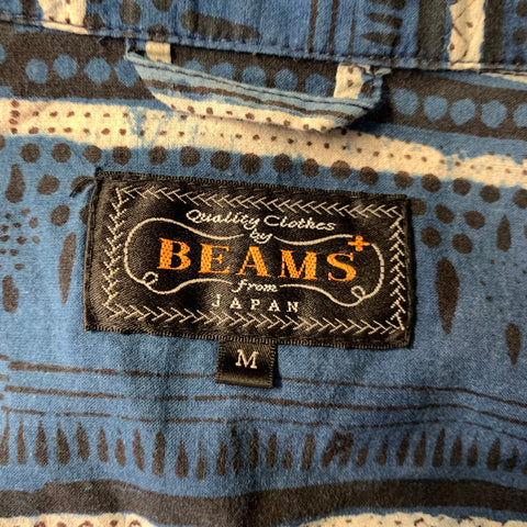 BEAMS Size M Navy Blue Abstract Cotton Camp Short Sleeve Shirt