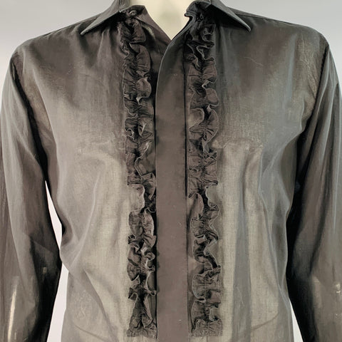 FAVOURBROOK Size L Black Ruffled Cotton French Cuff Hidden Buttons Long Sleeve Shirt