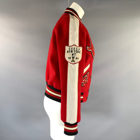 COACH Size S Red White Wool Nylon F20496 Patches Varsity Jacket