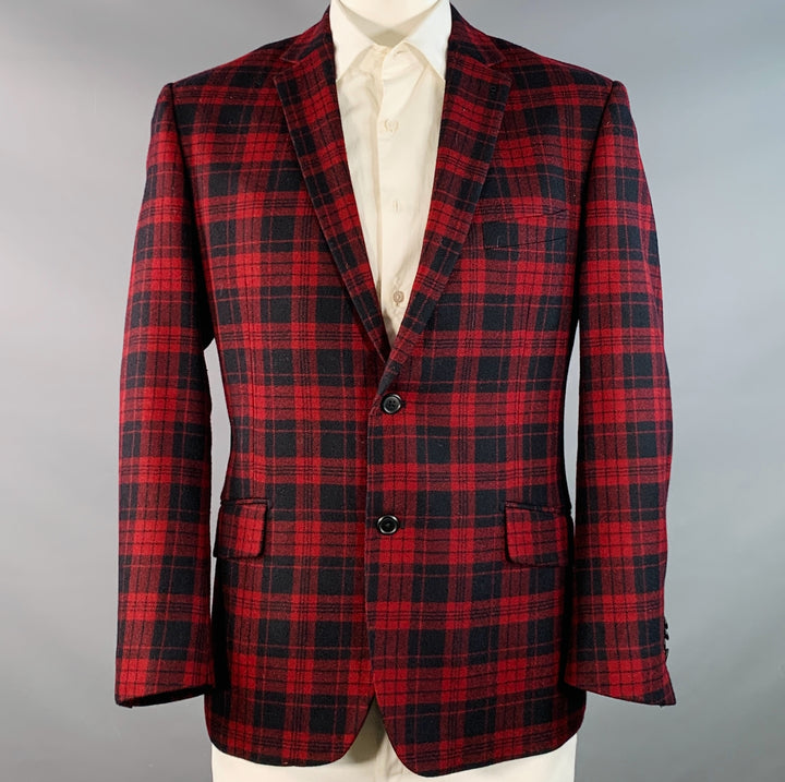 PAUL FREDRICK Size 44 Regular Red Black Plaid Wool Tailored Fit Notch Lapel Sport Coat