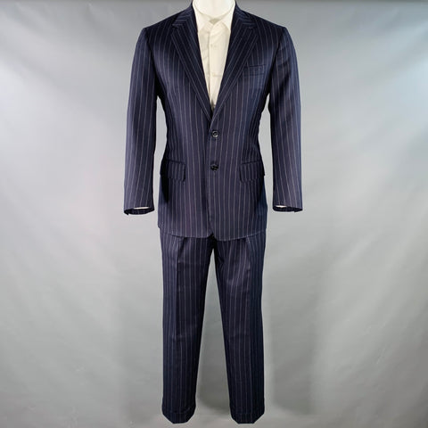 RALPH LAUREN Taille 38 Regular Bleu Marine Rayé Laine Crans Droits Costume