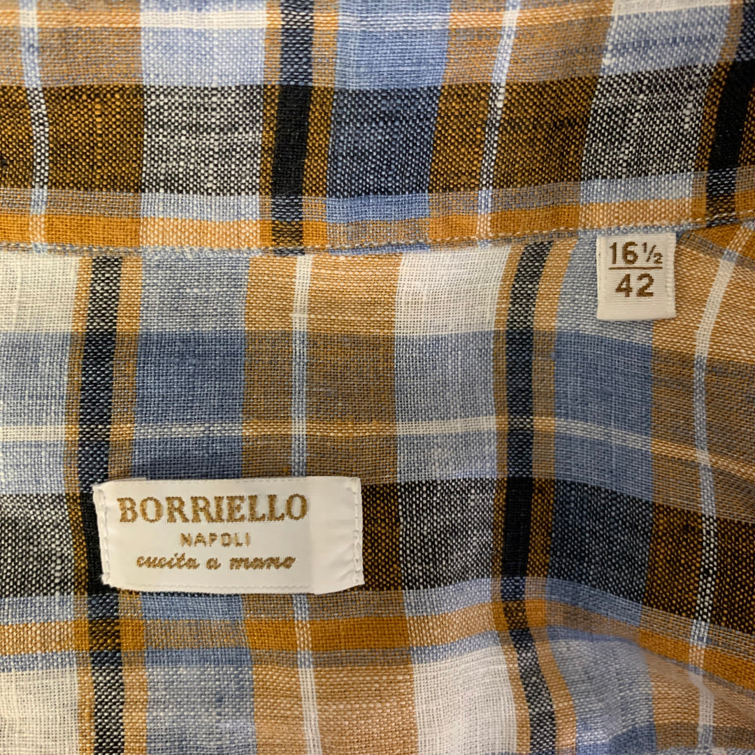 Chemise à manches longues BORRIELLO en lin à col italien à carreaux bleu, orange et blanc, taille XL