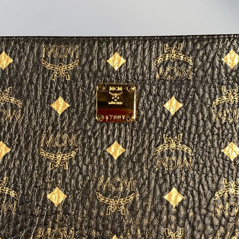 MCM Brown Gold Monogram Coated Canvas Pouch Handbag