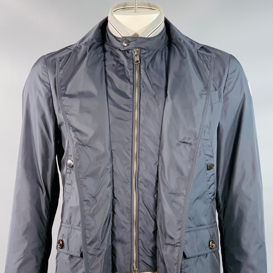 MONCLER Size L Millet Navy Grey Polyamide Layered Notch Lapel Jacket