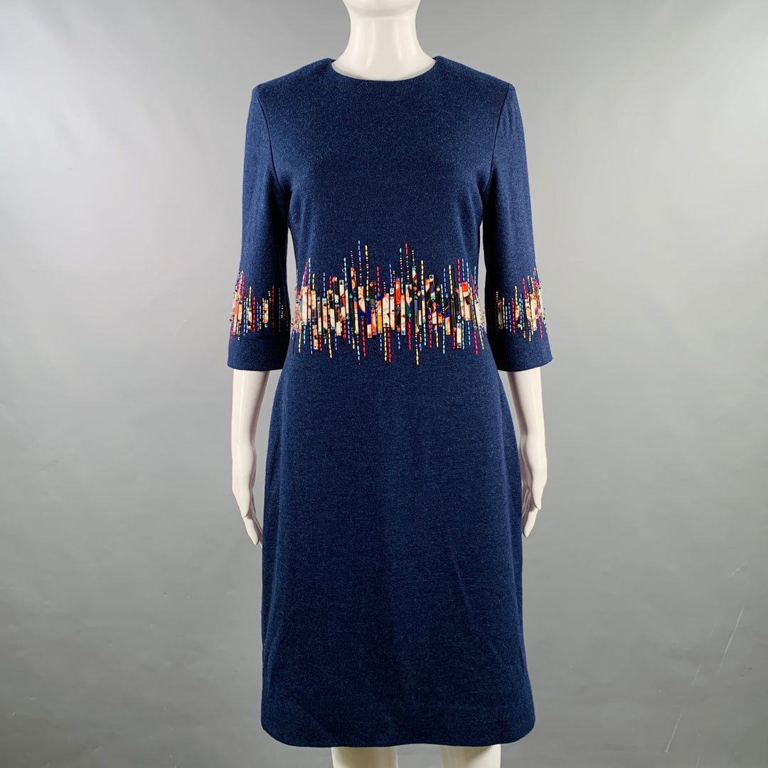 CAROLINA HERRERA Size 6 Blue Multi Color Wool Beaded Back Zip Dress