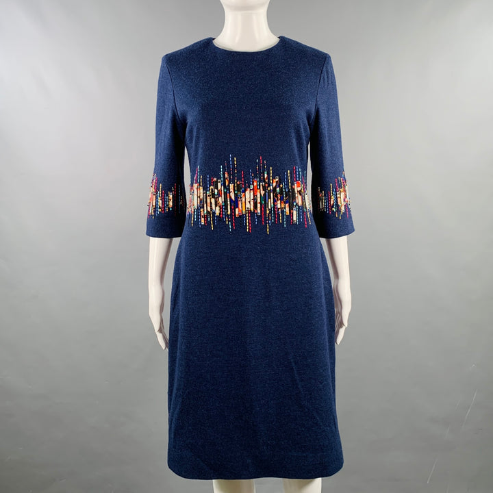 CAROLINA HERRERA Size 6 Blue Multi Color Wool Beaded Back Zip Dress