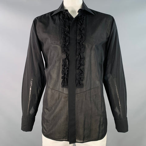 FAVOURBROOK Size L Black Ruffled Cotton French Cuff Hidden Buttons Long Sleeve Shirt