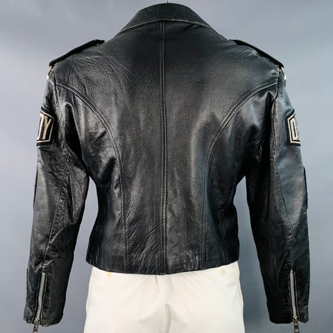 JOHN RICHMOND Vintage Size XL Black Silver Patches Leather Biker Jacket