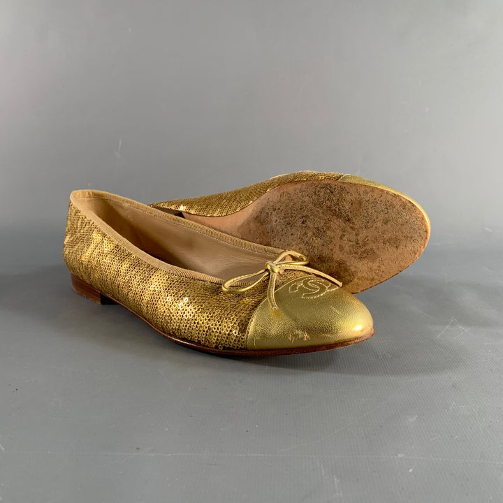 CHANEL Size 10 Gold Sequined Ballet Flats