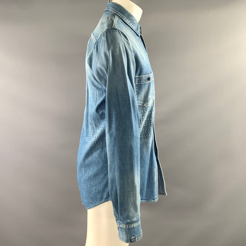 FDMTL Size M Blue Patchwork Cotton Button Up Long Sleeve Shirt