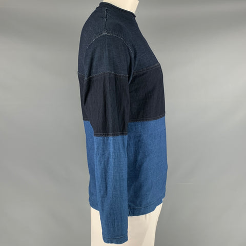 45rpm Size L Natural Dyed Blue Indigo Color Block Cotton Long Sleeve Pullover