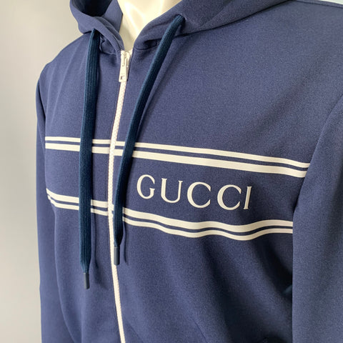 GUCCI Size M Navy White Logo Polyester Zip Up Hoodie Jacket