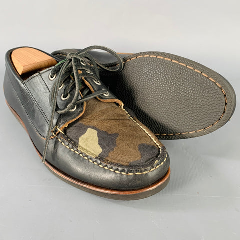 MARK McNAIRY Size 10 Black Brown Green Camouflage Leather Boat Lace-Up Shoes