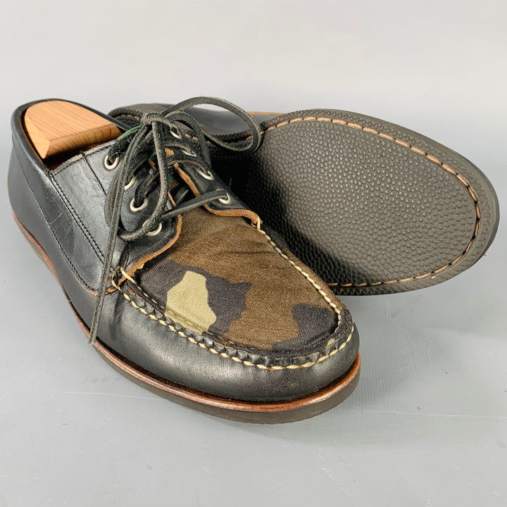 MARK McNAIRY Size 10 Black Brown Green Camouflage Leather Boat Lace-Up Shoes