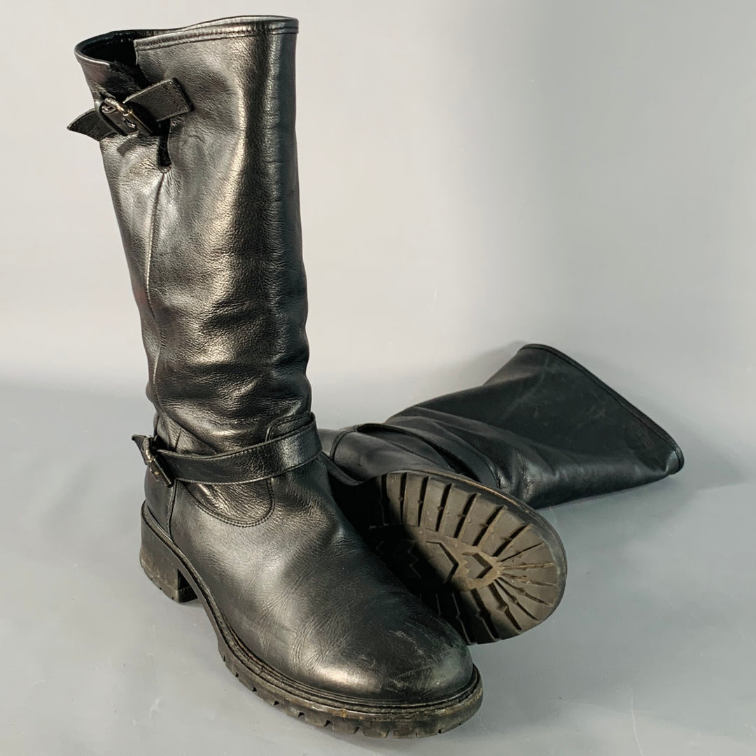 FENDI Size 9 Black Leather Shearling Lined Pull On Buckle Boots